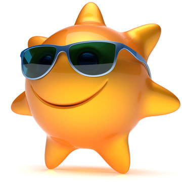 Smiley sun star face sunglasses cheerful summer smile cartoon ball emoticon happy sunny heat orange yellow person icon. Smiling laughing character holiday chilling sunbathing sunbeam avatar. 3D render