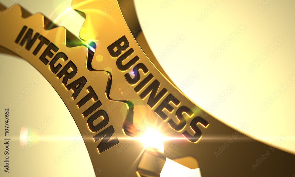 Poster business integration on mechanism of golden cog gears with lens flare. business integration - illust
