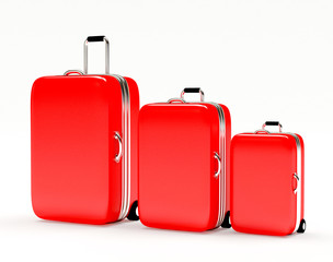 Set of red suitcases large, medium and small isolated on white background. 3d illustration