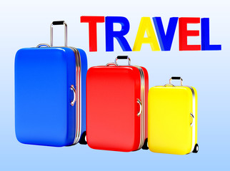 Set of colorful suitcases and word travel on blue background. 3d illustration