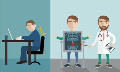 Office syndrome. health care concept. infographic element. vector flat icons woman cartoon design. brochure poster banner illustration. isolated on white background