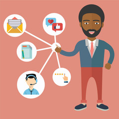 African businessman. Customer Relationship Management. System for managing interactions with current and future customers - vector illustration.
