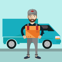 Man postal delivery courier man in front of cargo van delivering package.