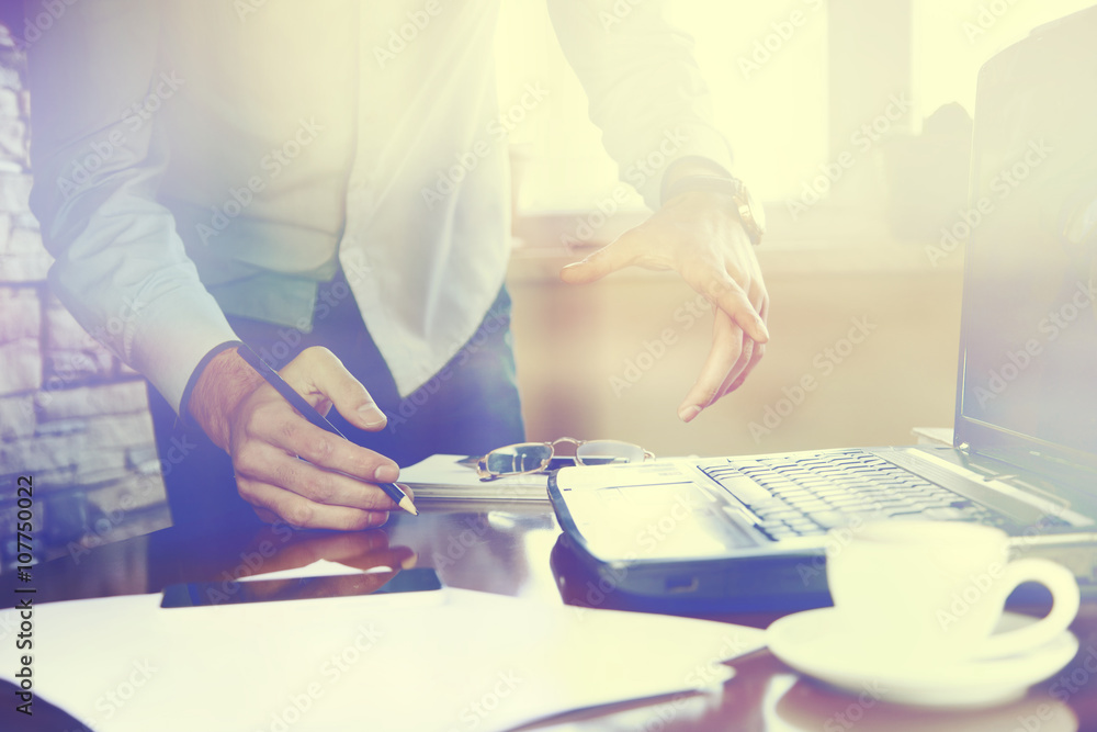 Poster man working in computer