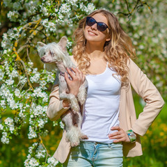 Pretty young woman with a puppy. beautiful glamour woman in sunglasses with small dog in hands