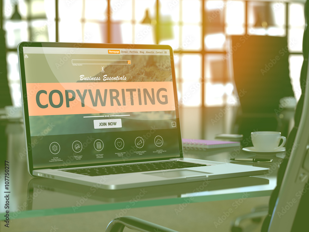 Poster modern workplace with laptop showing landing page with copywriting concept. toned image with selecti