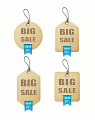 set of big sale paper labels with blue ribbon