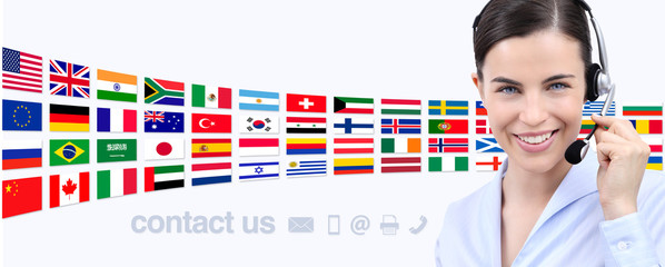 contact us, customer service operator woman with headset smiling isolated on flags background