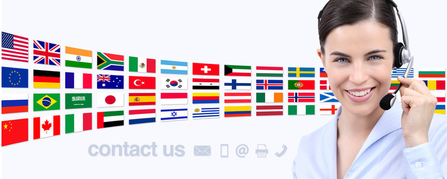 contact us, customer service operator woman with headset smiling isolated on flags background