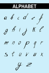 Sketchy Letters Alphabet in Black on Blue. Ink drawn typography. Brush lettering sign. Calligraphic Alphabet Letterform. Digital vector illustration. Isolated on blue background.