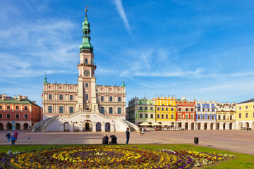 Main Market square in the Old Town in Zamosc, Poland.