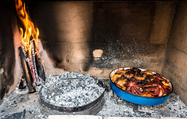 Preparing and Cooking of octopus and chicken in traditional Balk