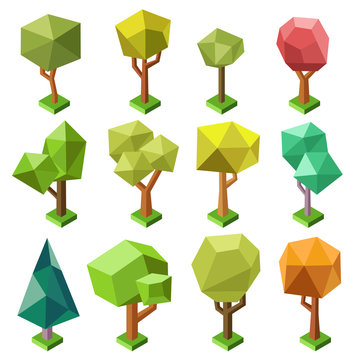 Set the polygon's trees in various colors. Vector illustration