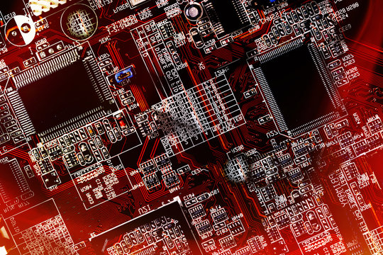 Computers motherboars, electronics with microchips and electrodes