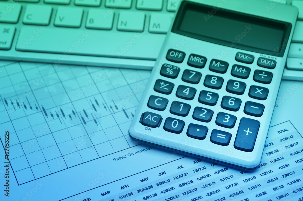 Poster calculator button plus on keyboard and graph paper, accounting b