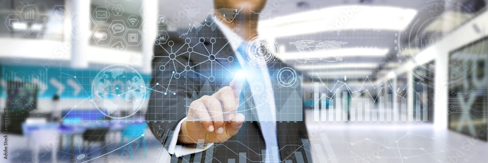 Poster businessman using digital tactile screen with charts