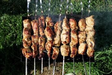 Grilling marinated shashlik on a grill