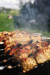 Grilling marinated shashlik on a grill
