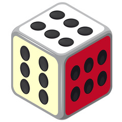 Playing isometric dice. Happy dice cube with all six. Color full cube on white background. Six sides game die. Only six dots. Happy situation. Casino icon. Flatten isolated master vector illustration.