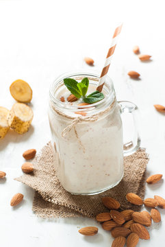 Shake from almond milk, banana and coconut