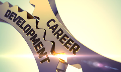 Career Development on Golden Metallic Gears. Career Development on Mechanism of Golden Metallic Cog Gears with Lens Flare. Career Development - Concept. 3D Render.