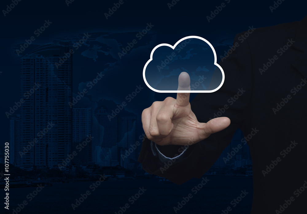 Poster businessman click on cloud icon with copy space over map and cit