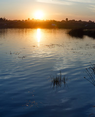 Sunset lake summer scenery.