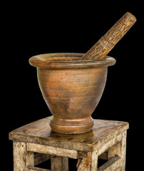 Mortar and pestle in an old bench.