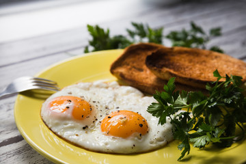 Fried eggs on a yellow plate