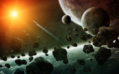 Fototapeta premium Sunrise over group of planets in space