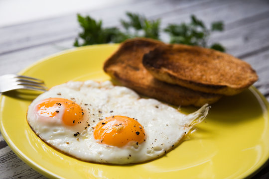Fried eggs on a yellow plate