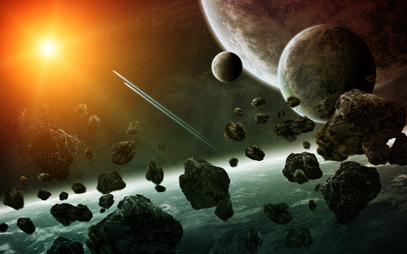 Fototapeta Sunrise over group of planets in space