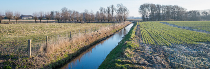Panoramic picture of fields separated by a ditch