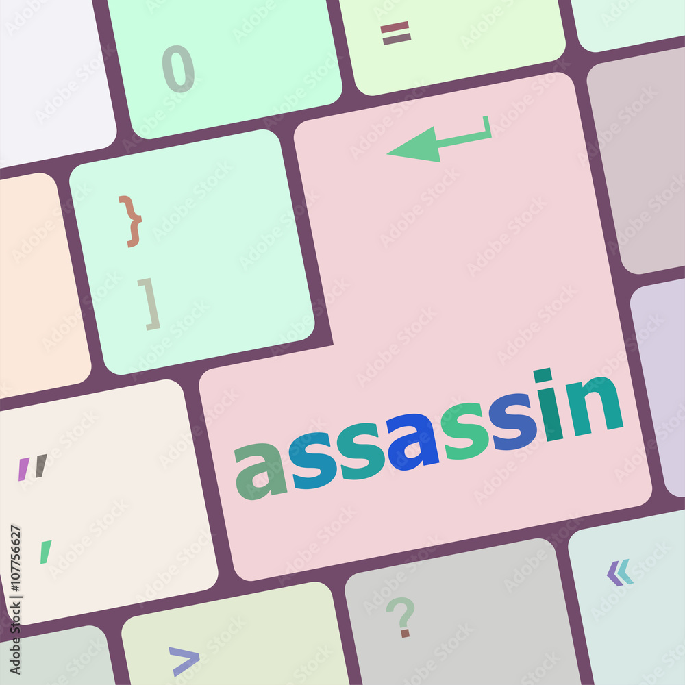 Poster assassin word on computer pc keyboard key vector illustration