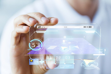 close up of male hand showing smartphone and map