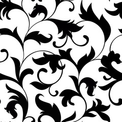 Classic seamless pattern. Tracery of twisted stalks  with decorative leaves on a white background. Vintage style