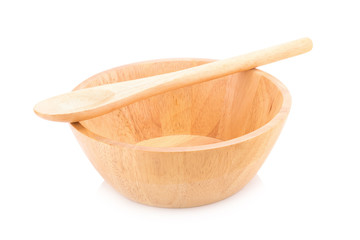 bowl and spoon make with wooden on white background