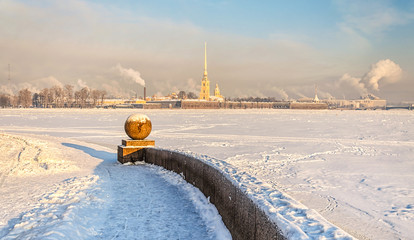 The Spit of Vasilievsky Island,the descent to the Neva river and a view of St.Peter and Paul...