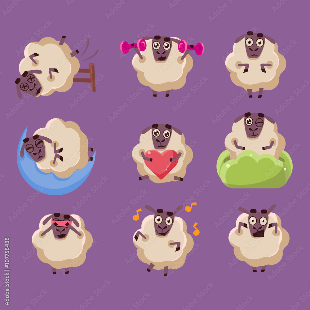 Wall mural cute sheep chatacter emotions collection