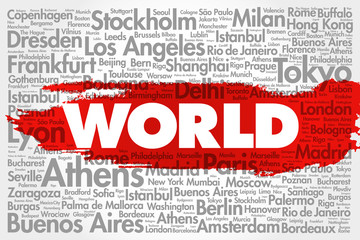 WORLD word cloud concept made with words cities names, business concept background