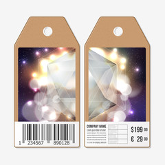 Vector tags design on both sides, cardboard sale labels with barcode. Colorful graphic design, abstract vector background