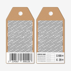 Vector tags design on both sides, cardboard sale labels with barcode. Recurring cubes. Geometric pattern. Simple abstract monochrome texture