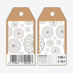 Vector tags design on both sides, cardboard sale labels with barcode. Dotted repeating modern stylish geometric background. Simple abstract monochrome texture