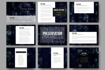 Set of 9 templates for presentation slides. Virtual reality, abstract technology background with blue symbols, vector illustration.