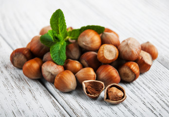 hazelnuts on a wooden table