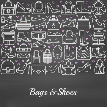 Background made of line icons. Bags and shoes. Chalkboard background. Vector illustration