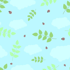 Summer seamless pattern with ladybugs, clouds and leaves in the sky.