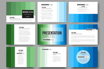 Set of 9 templates for presentation slides. Abstract colorful business background, blue and green colors, modern stylish striped vector texture, simple cover design