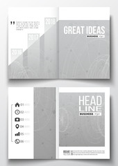Set of business templates for brochure, magazine, flyer, booklet or annual report. Molecular construction with connected lines and dots, scientific design pattern on gray background.