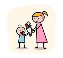 Mother's Day, a hand drawn vector illustration of a little child giving his mother a flower bouquet on Mother's Day, isolated on a simple background (editable).